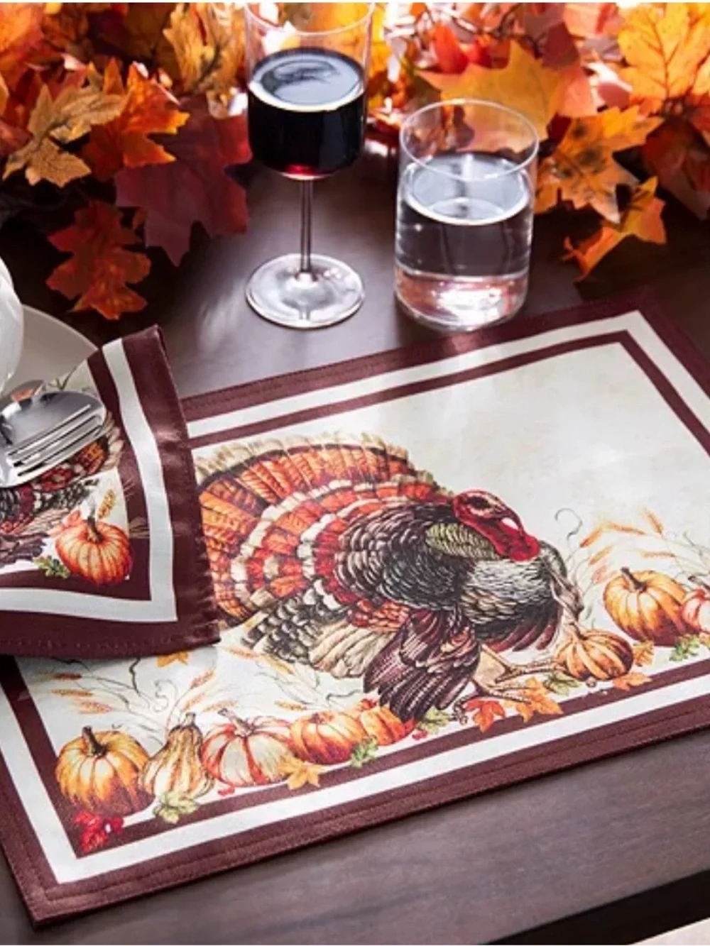 Festive Turkey & Pumpkin Dinner Napkins - Burgundy Border set of 4